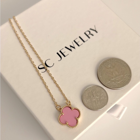 Pink Clover Necklace 14k Gold Color Chain - Picture 5 of 10